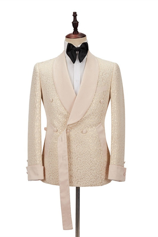 Mild Champagne Jacquard Double Breasted Shawl Lapel Wedding Suits