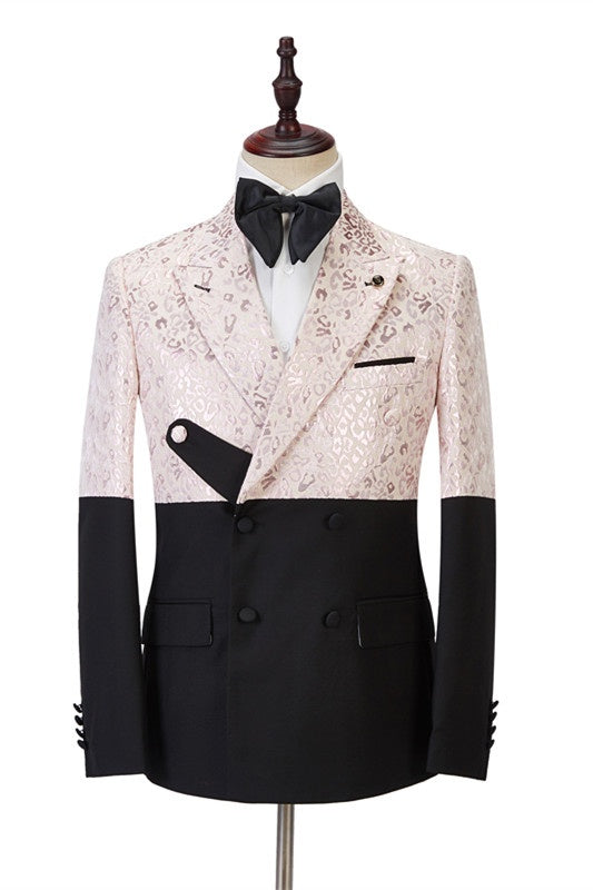 Modern Pink Jacquard Double Breasted Peaked Lapel Prom Suits