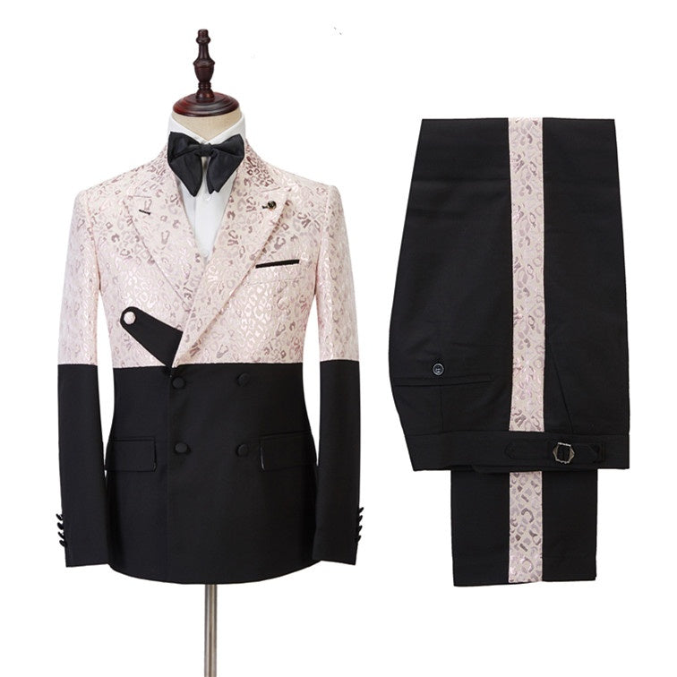 Modern Pink Jacquard Double Breasted Peaked Lapel Prom Suits