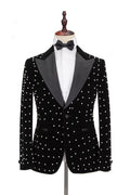 Modern Black Peaked Lapel Slim Fit Beadings Prom Suits