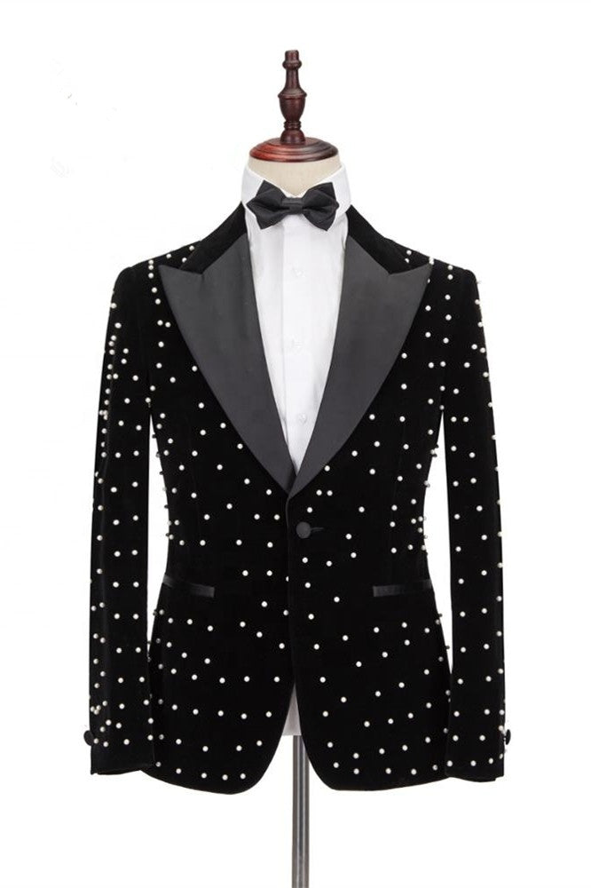 Modern Black Peaked Lapel Slim Fit Beadings Prom Suits