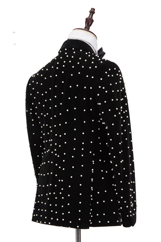 Modern Black Peaked Lapel Slim Fit Beadings Prom Suits