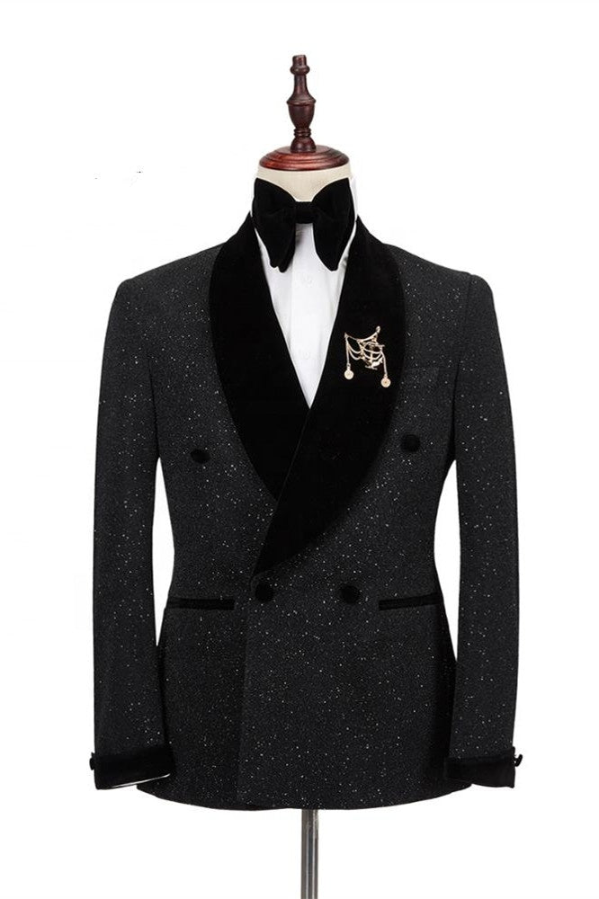 Sparkle Black Shawl Lapel Double Breasted Wedding Suits