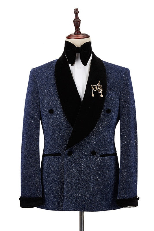 Sparkle Navy Blue Shawl Lapel Double Breasted Wedding Suits