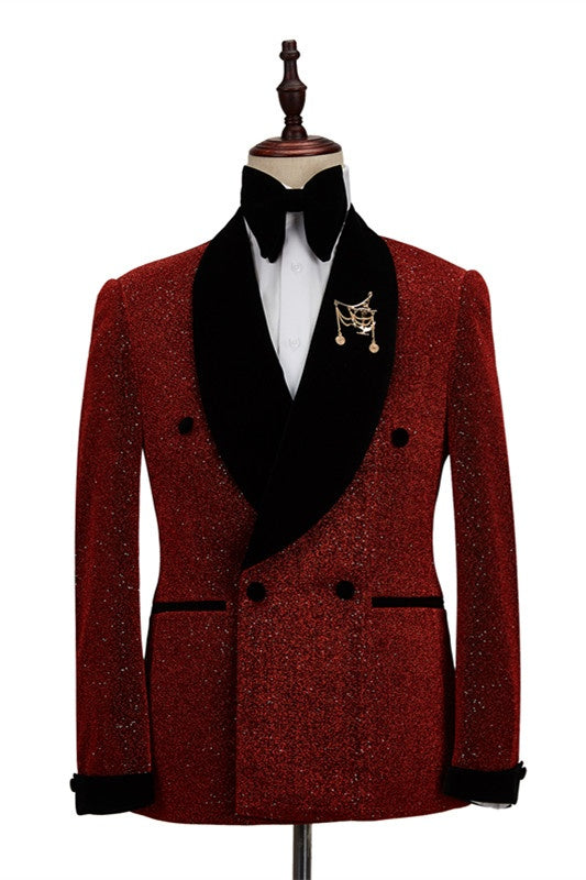 Sparkle Burgundy Shawl Lapel Double Breasted Wedding Suits