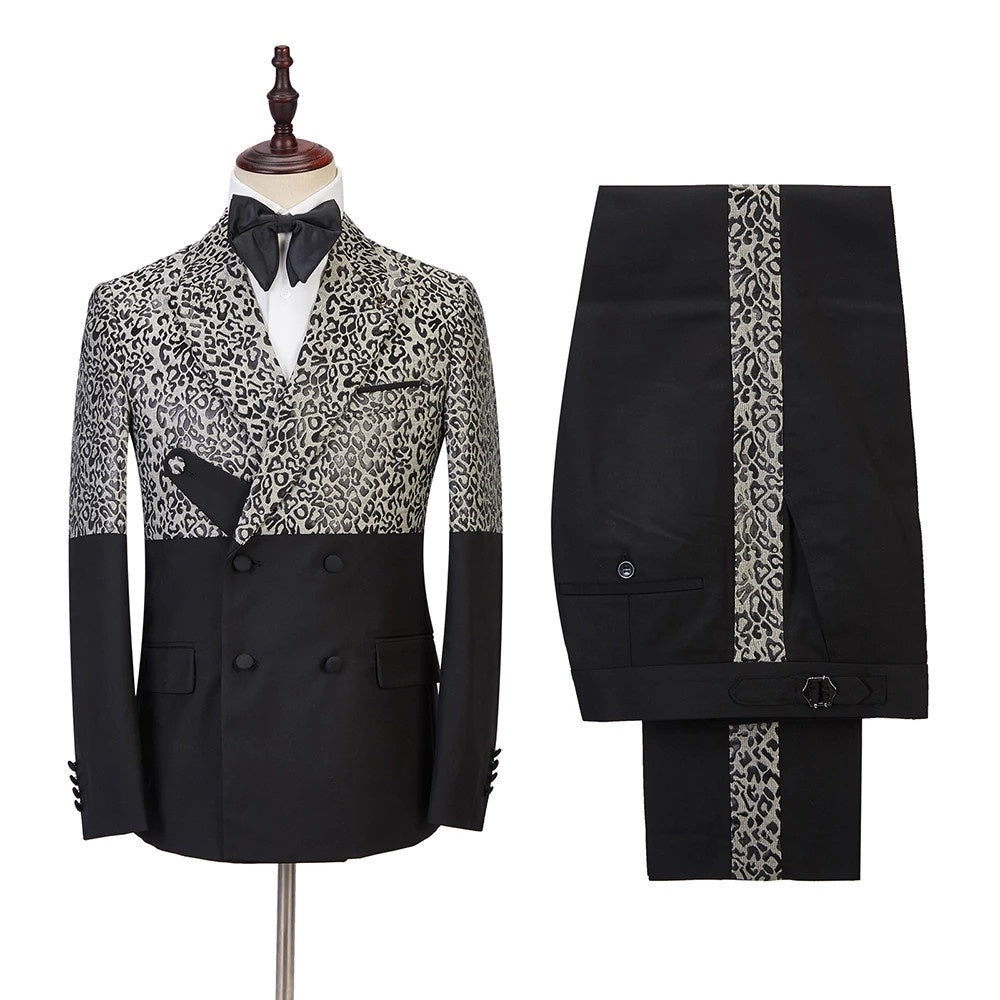 Cool Leopard Print Black Double Breasted Men Suits