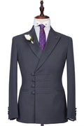 Formal Dark Gray Slim Fit Peaked Lapel Buckle Men Suits