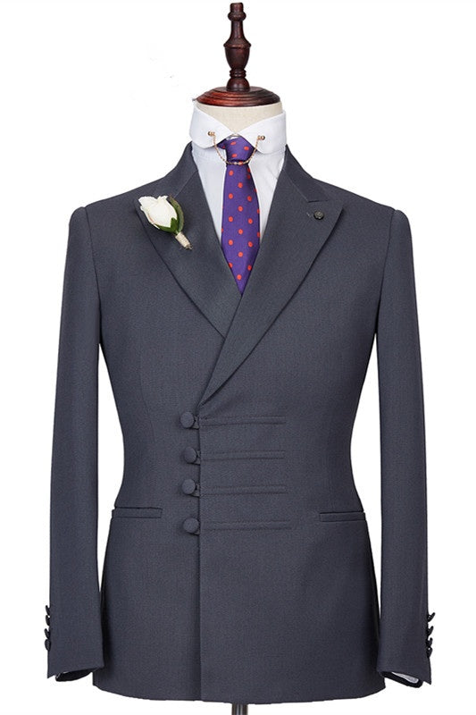 Formal Dark Gray Slim Fit Peaked Lapel Buckle Men Suits