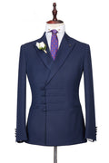 Chic Navy Blue Slim Fit Peaked Lapel Buckle Men Suits