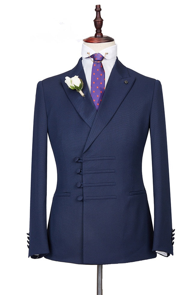 Chic Navy Blue Slim Fit Peaked Lapel Buckle Men Suits