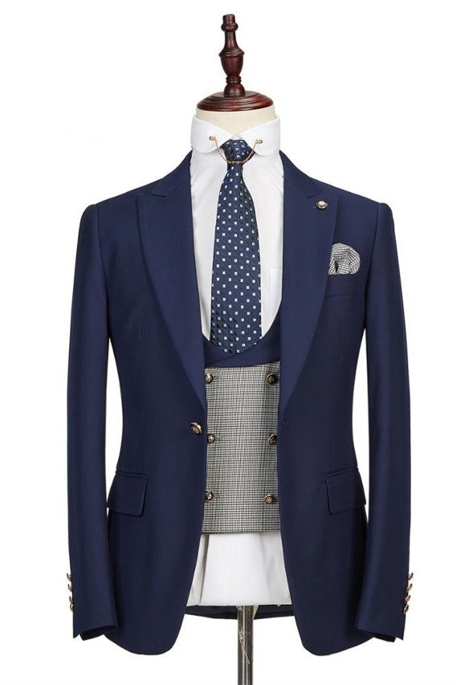 Generous Navy Blue 3 Pieces Close Fitting Business Suits With Vest