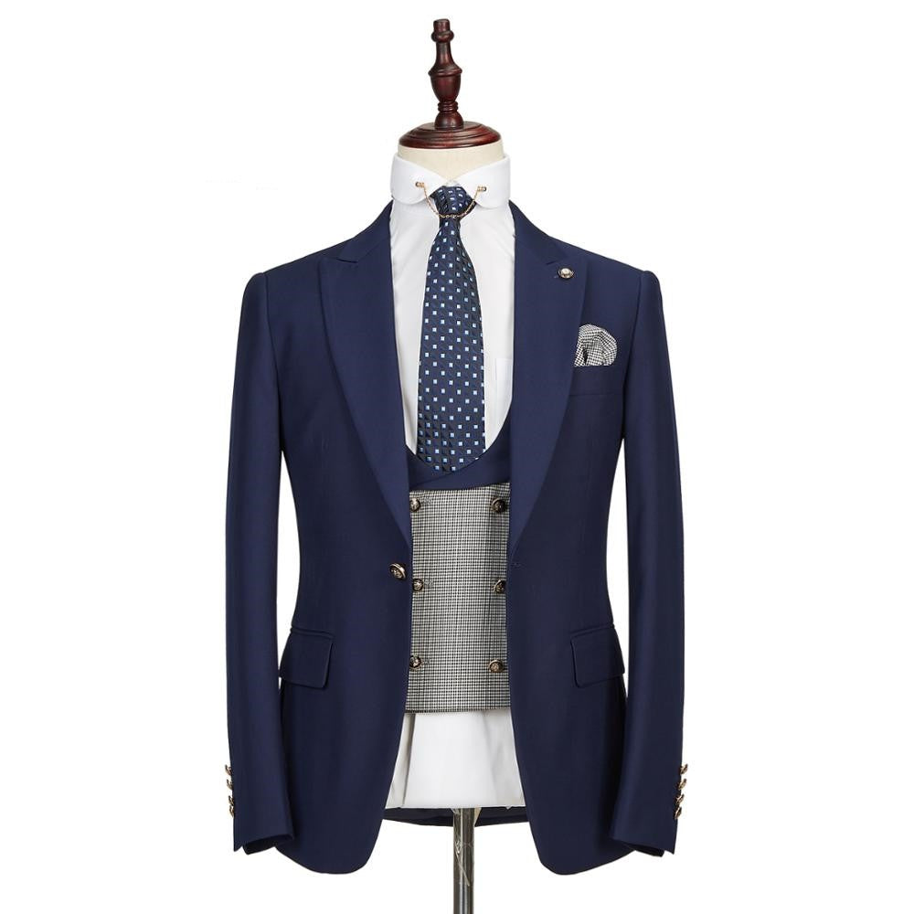 Generous Navy Blue 3 Pieces Close Fitting Business Suits With Vest