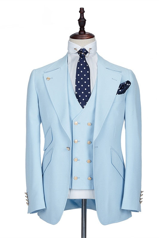 Popular Sky Blue 3 Pieces Peaked Lapel Prom Men Suits With Waistcoat