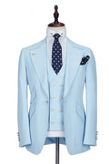 Popular Sky Blue 3 Pieces Peaked Lapel Prom Men Suits With Waistcoat