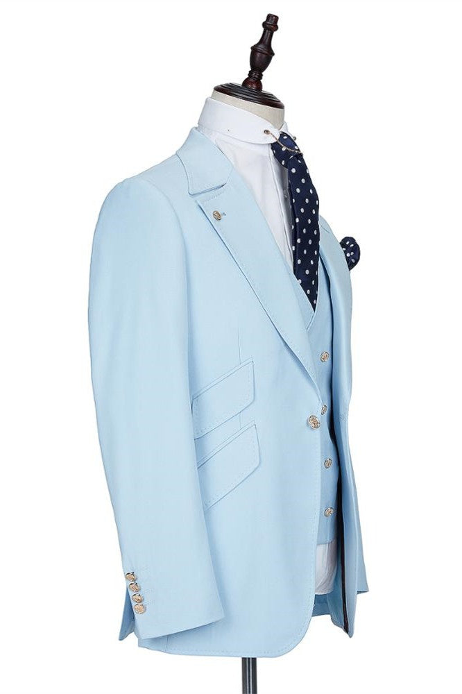 Popular Sky Blue 3 Pieces Peaked Lapel Prom Men Suits With Waistcoat