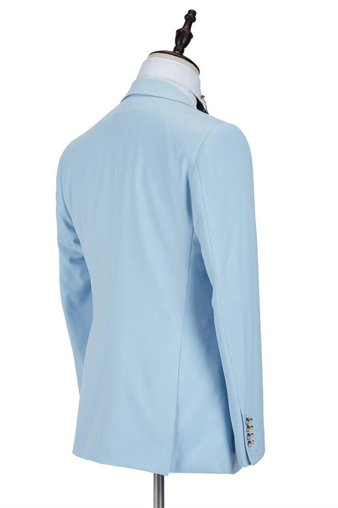 Popular Sky Blue 3 Pieces Peaked Lapel Prom Men Suits With Waistcoat