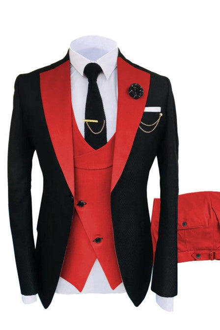 Chic Black 3 Pieces Peaked Lapel Prom Suits With Red Vest