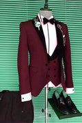 Modern Burgundy 3 Pieces Peaked Lapel Prom Suits With Vest