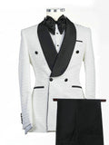Modern White Jacquard Double Breasted Wedding Suits With Black Lapel