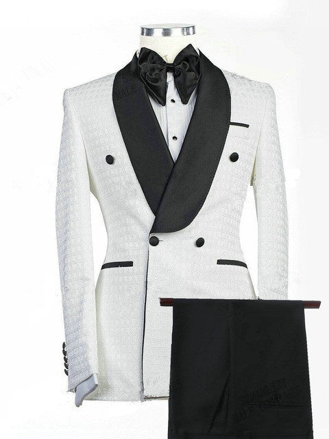 Modern White Jacquard Double Breasted Wedding Suits With Black Lapel
