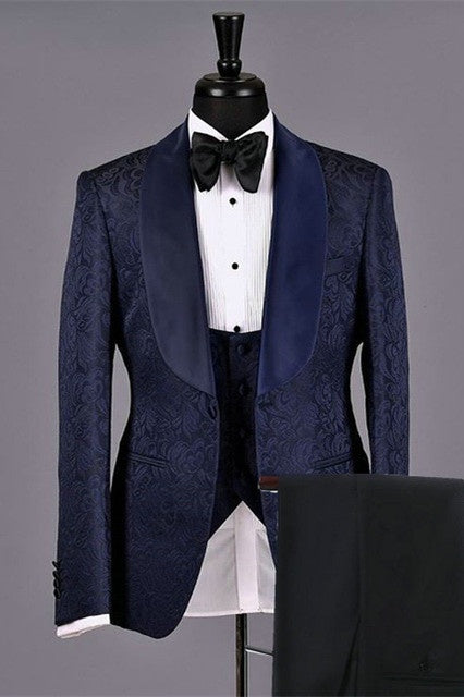 Chic Navy Blue Jacquard 3 Pieces Shawl Lapel Wedding Men Suits