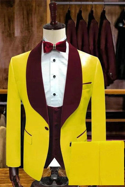 Fashion Yellow 3 Pieces Close Fitting Shawl Lapel Prom Men Suits