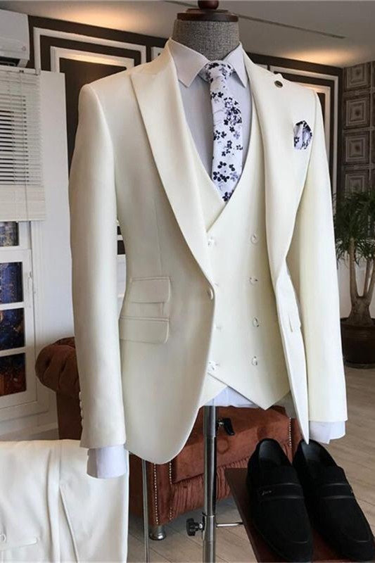 Formal White 3 Pieces Peaked Lapel Business Suits With Vest