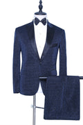 Fashion Navy Blue Slim Fit Prom Suits With Satin Lapel