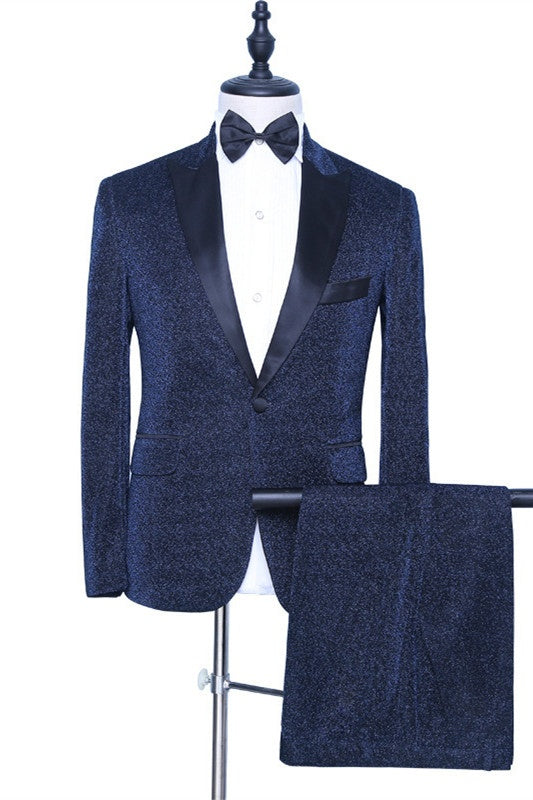 Fashion Navy Blue Slim Fit Prom Suits With Satin Lapel