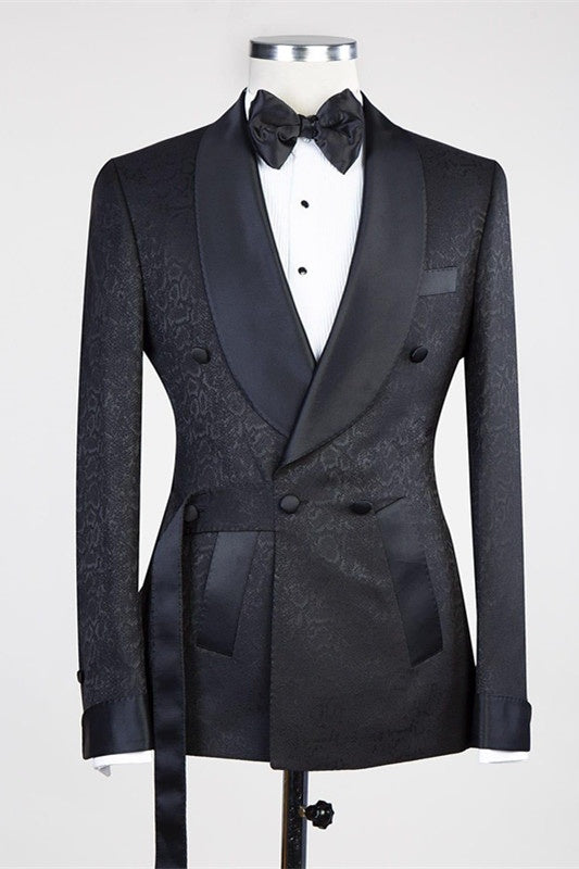 Trendy Black Jacquard Double Breasted Shawl Lapel Prom Suits