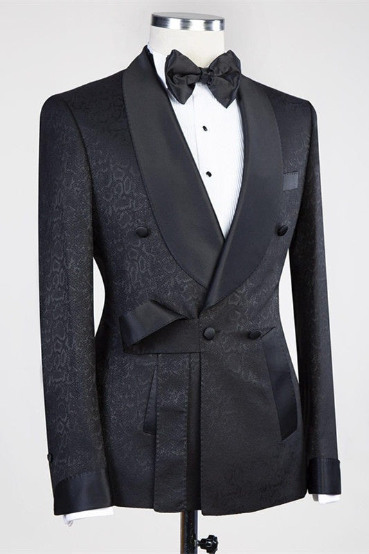 Trendy Black Jacquard Double Breasted Shawl Lapel Prom Suits