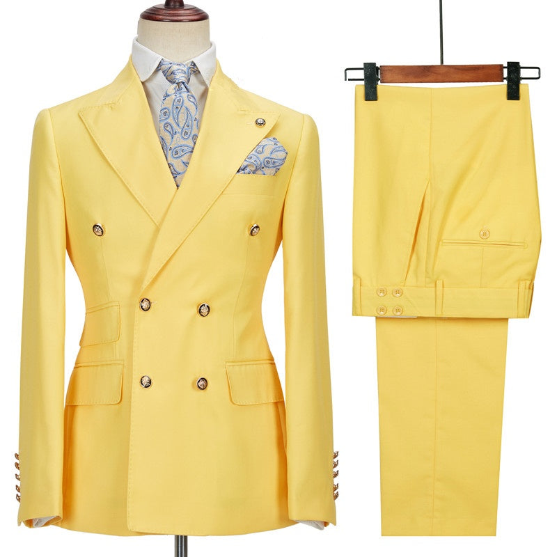 Trendy Yellow Double Breasted Slim Fit Prom Suits
