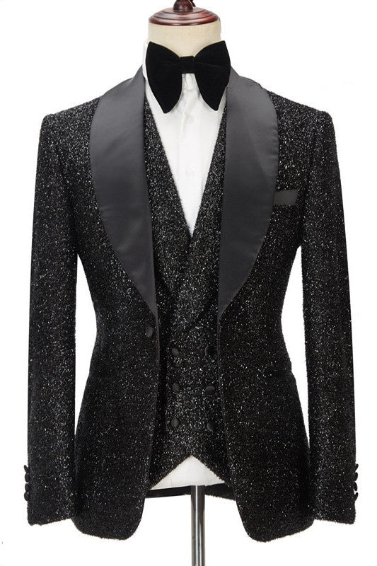Charming Black Sequins 3 Pieces Shawl Lapel Prom Suits