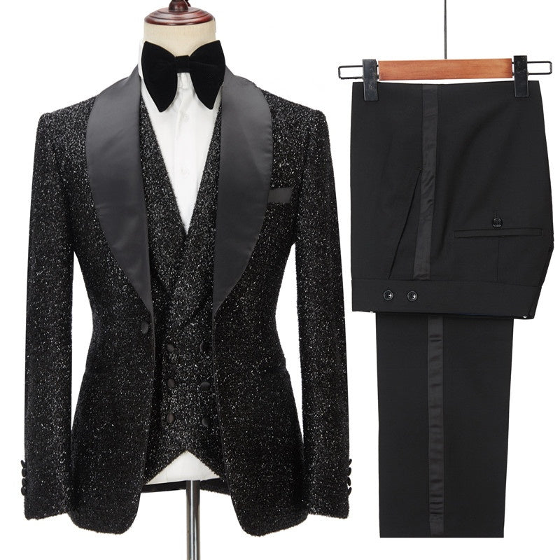 Charming Black Sequins 3 Pieces Shawl Lapel Prom Suits