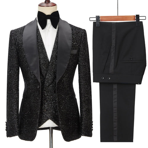 Charming Black Sequins 3 Pieces Shawl Lapel Prom Suits