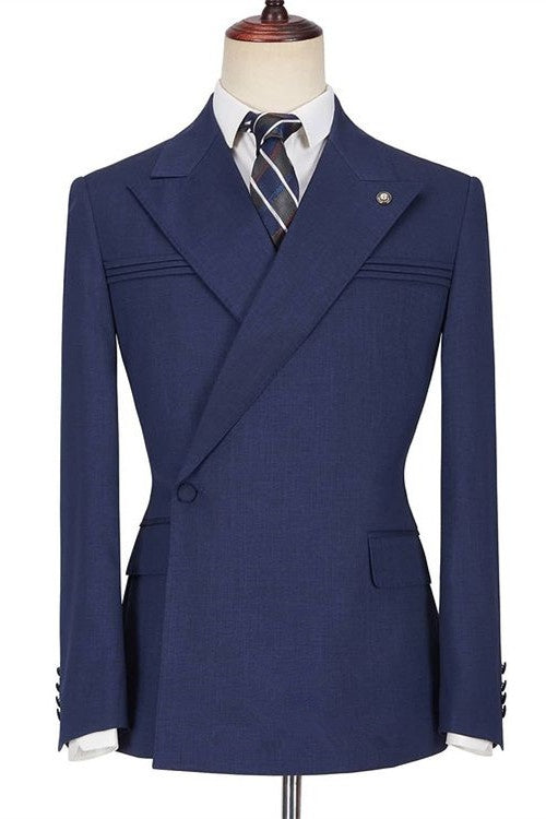 Trendy Navy Blue Peaked Lapel Formal Business Suits
