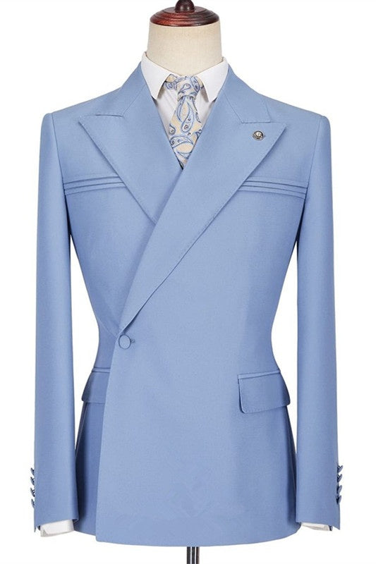 Chic Light Blue Peaked Lapel Best Fitted Prom Men Suits