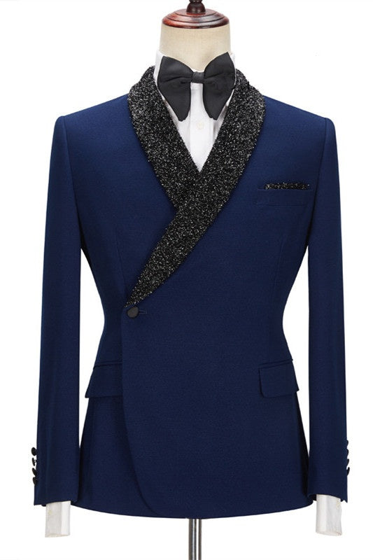 Bespoke Dark Navy Slim Fit Men Suits with Black Lapel