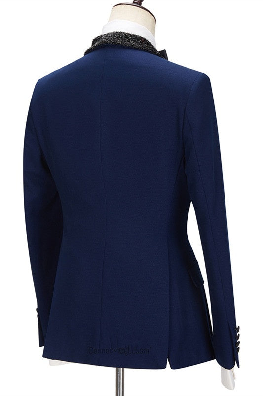 Bespoke Dark Navy Slim Fit Men Suits with Black Lapel