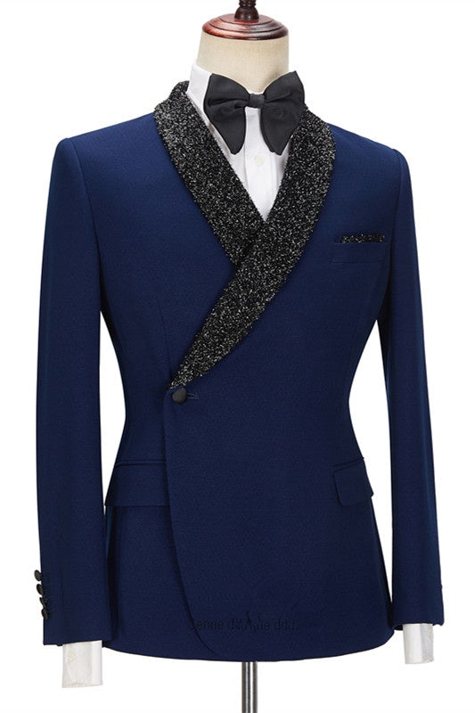 Bespoke Dark Navy Slim Fit Men Suits with Black Lapel