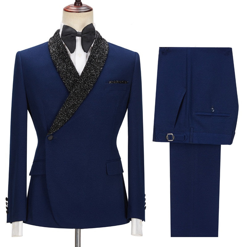 Bespoke Dark Navy Slim Fit Men Suits with Black Lapel
