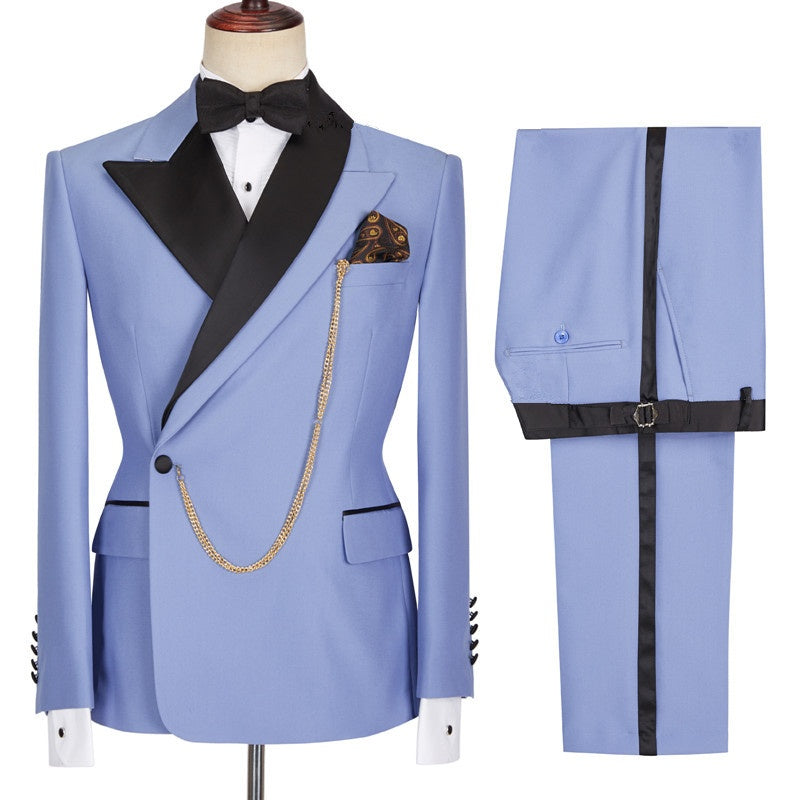 Fashion Blue Peaked Lapel Slim Fit Bespoke Men Suits