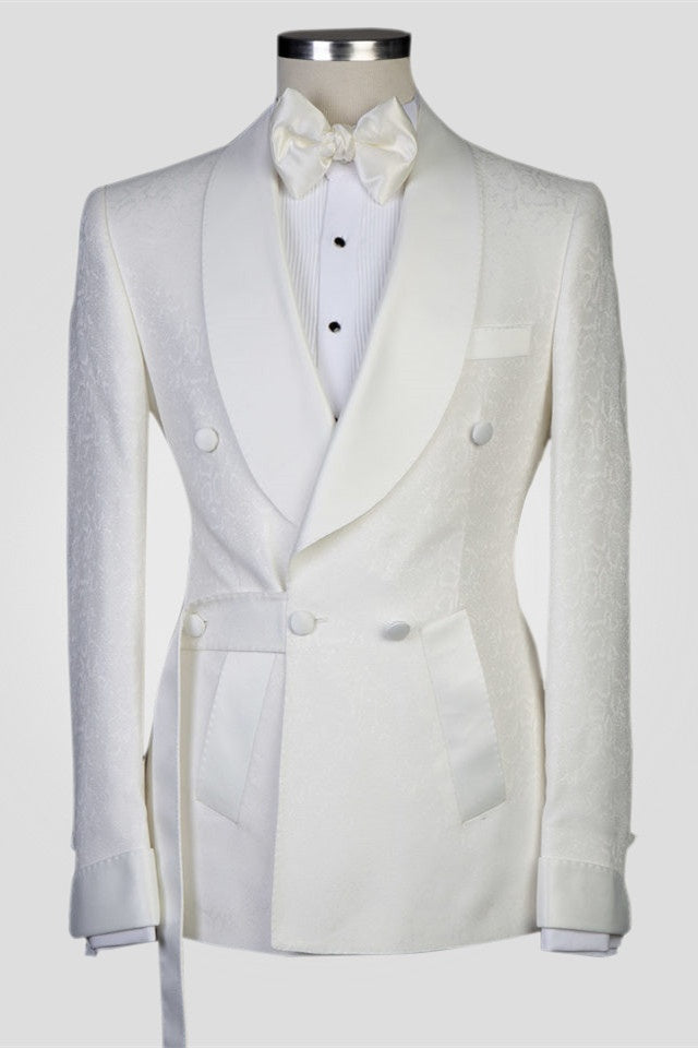 Elegant White Jacquard Double Breasted Wedding Men Suits
