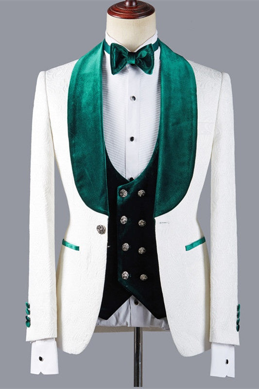Elegant White Jacquard 3 Pieces Wedding Suits With Green Velvet Lapel