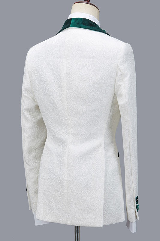 Elegant White Jacquard 3 Pieces Wedding Suits With Green Velvet Lapel