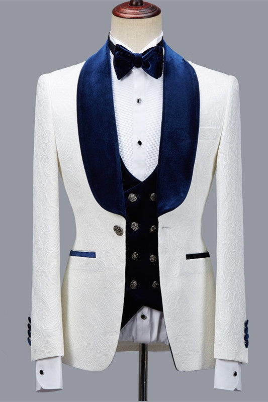 Elegant White Jacquard 3 Pieces Wedding Suits With Blue Velvet Lapel