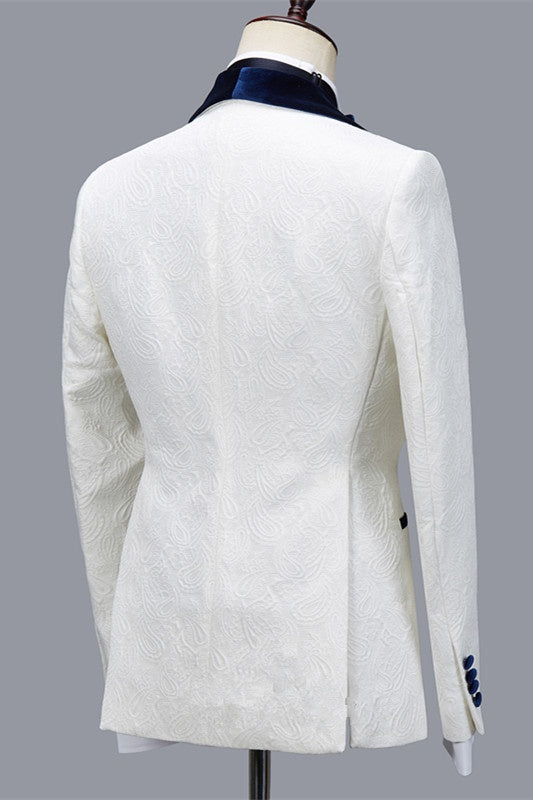Elegant White Jacquard 3 Pieces Wedding Suits With Blue Velvet Lapel