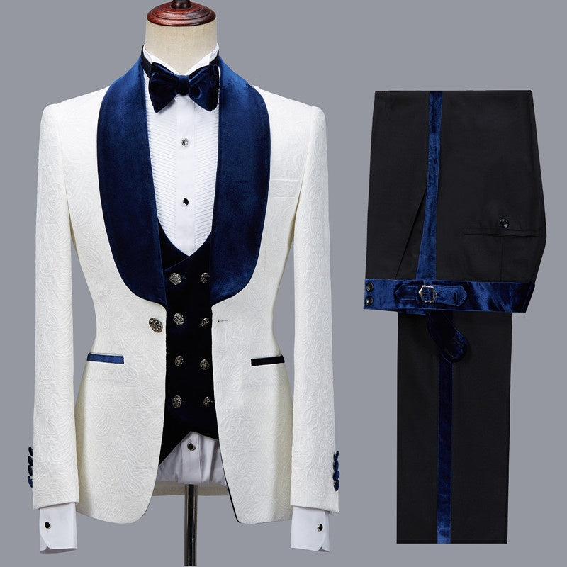 Elegant White Jacquard 3 Pieces Wedding Suits With Blue Velvet Lapel