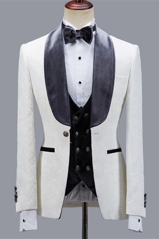 Elegant White Jacquard 3 Pieces Wedding Suits With Gray Velvet Lapel