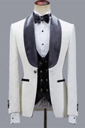 Elegant White Jacquard 3 Pieces Wedding Suits With Gray Velvet Lapel